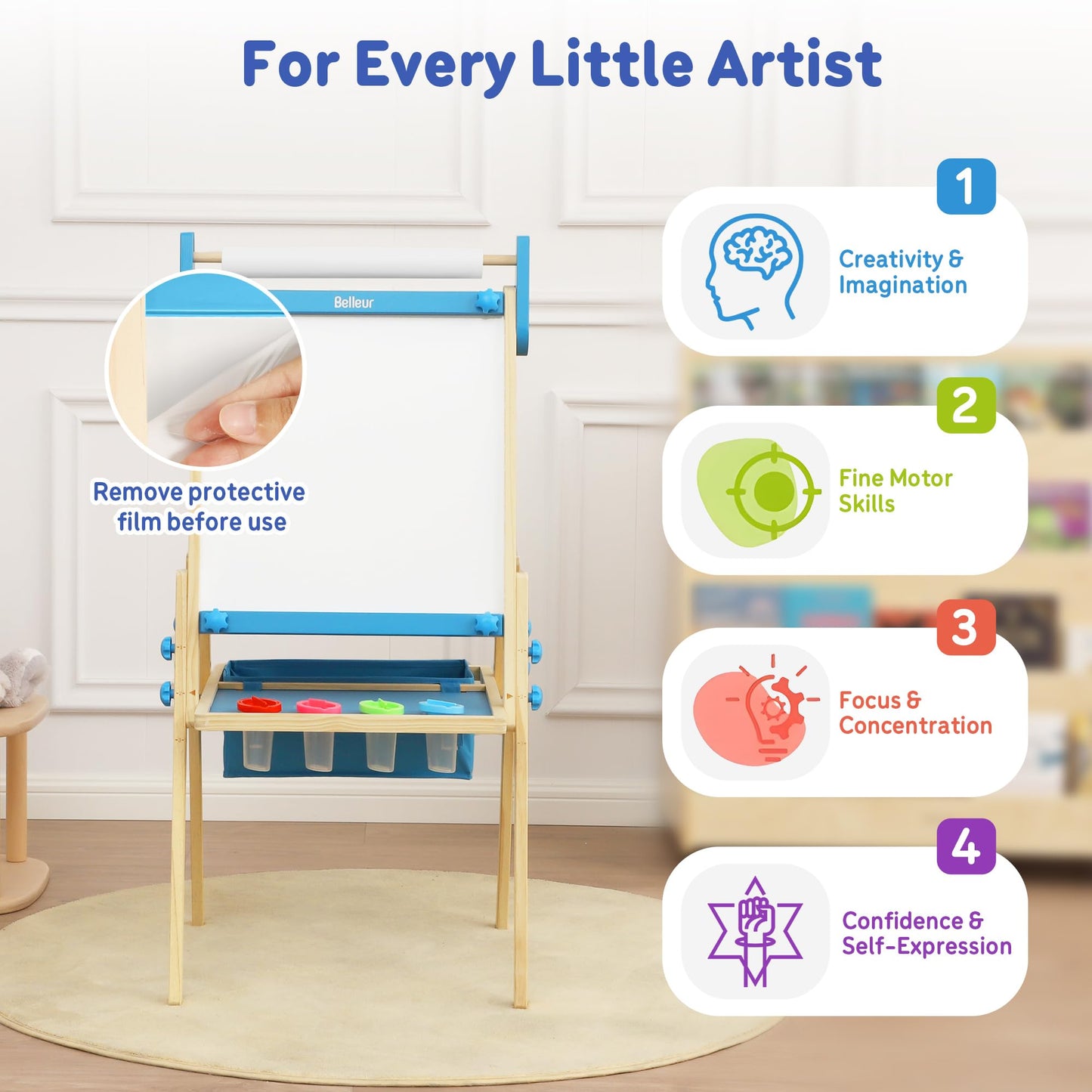 Belleur All-in-One Art Easel for Kids, Adjustable Double Sided Easel for Toddlers with Magnetic