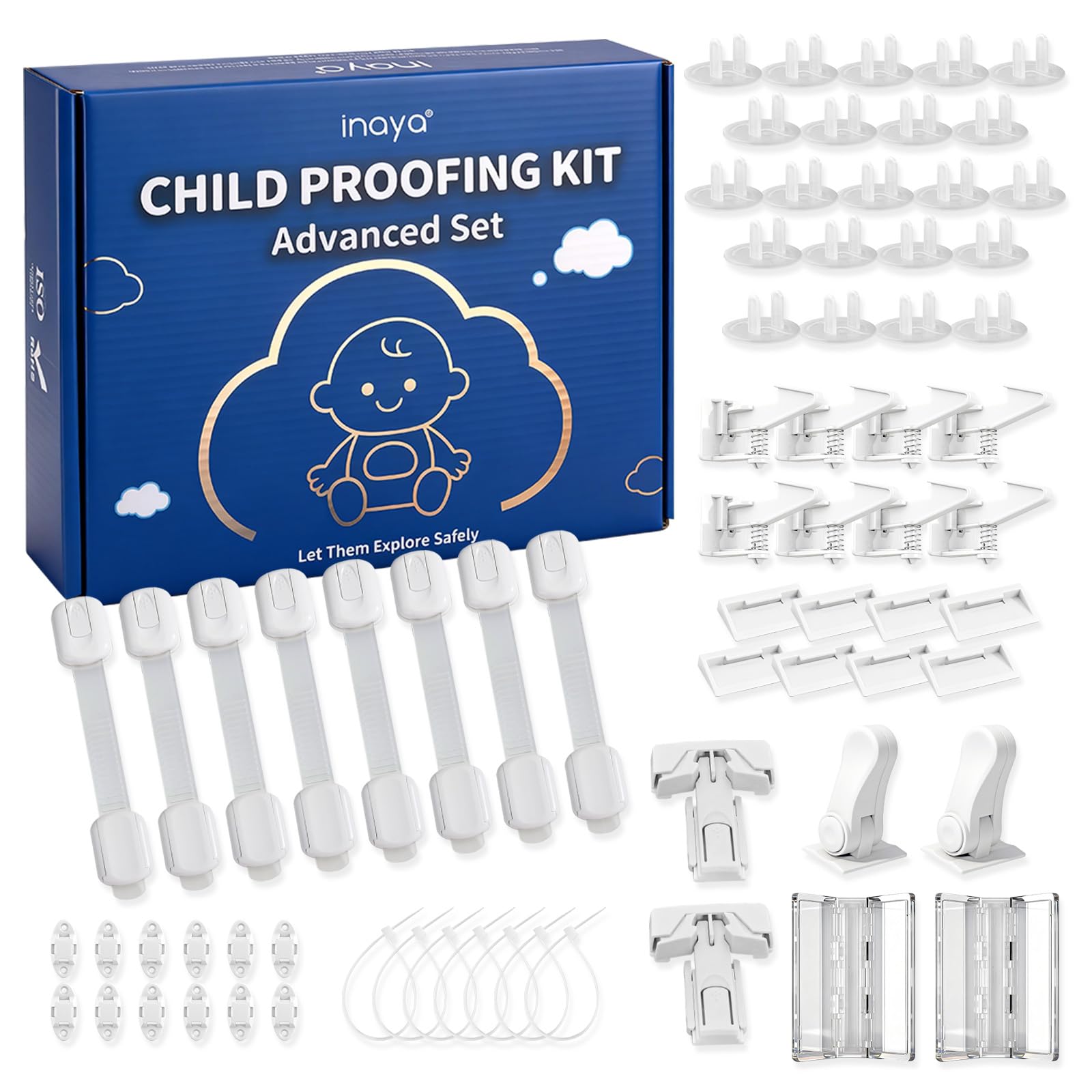 Inaya Baby Proofing Kit Advanced Set 50 Pack - Child Safety Hidden Locks for Cabinets & Drawers