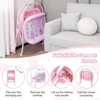 HONEY JOY Baby Changing Table with Bathtub, Foldable Infant Diaper Changing Station with Wheels