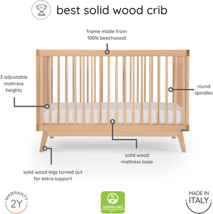 dadada Baby Soho 3-in-1 Convertible Wooden Crib to Toddler Bed - Made in Italy, GREENGUARD Gold Certified, Baby-Safe Finish, Sustainable Beech Wood, Modern Design, 3 Adjustable Heights (Natural)