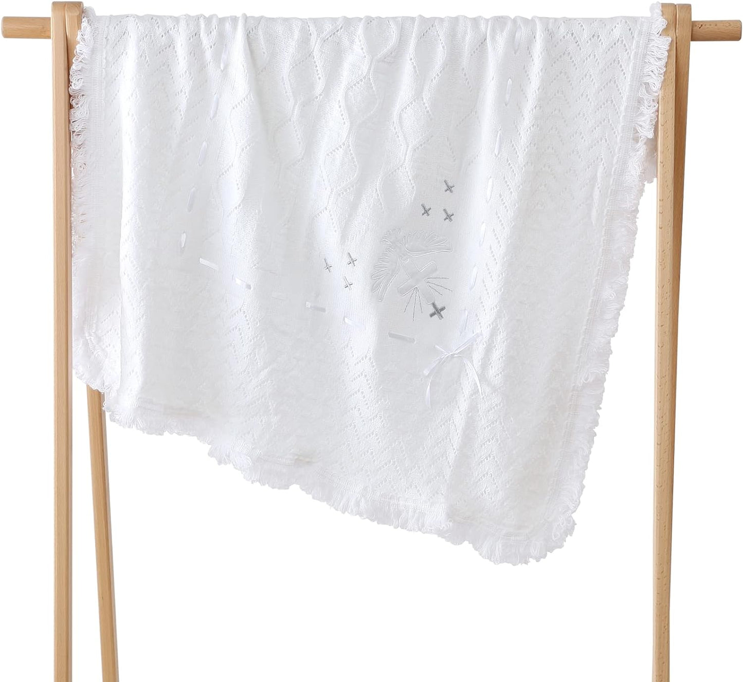 Booulfi Baby Christening Blanket Newborn White Baby Blanket Shawl Neutral Knitted Baptism Blankets