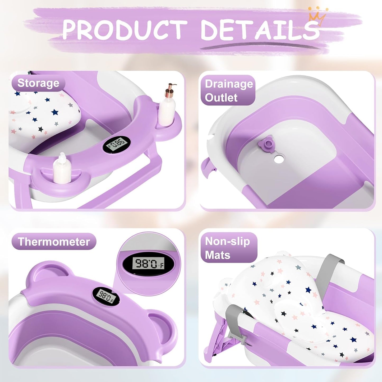 TPN Collapsible Baby Bathtub, Baby Bath Tub with Soft Cushion & Real-Time Thermometer, Baby Bathtub
