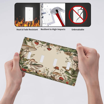 Decorative Switch Covers Plate Rustic Mushroom Garden Red Strawberry 4 Gang Artistic Wall Plate Unique Quad Toggle Light Switch Plate Jumbo Faceplate for Bedroom Home Decor