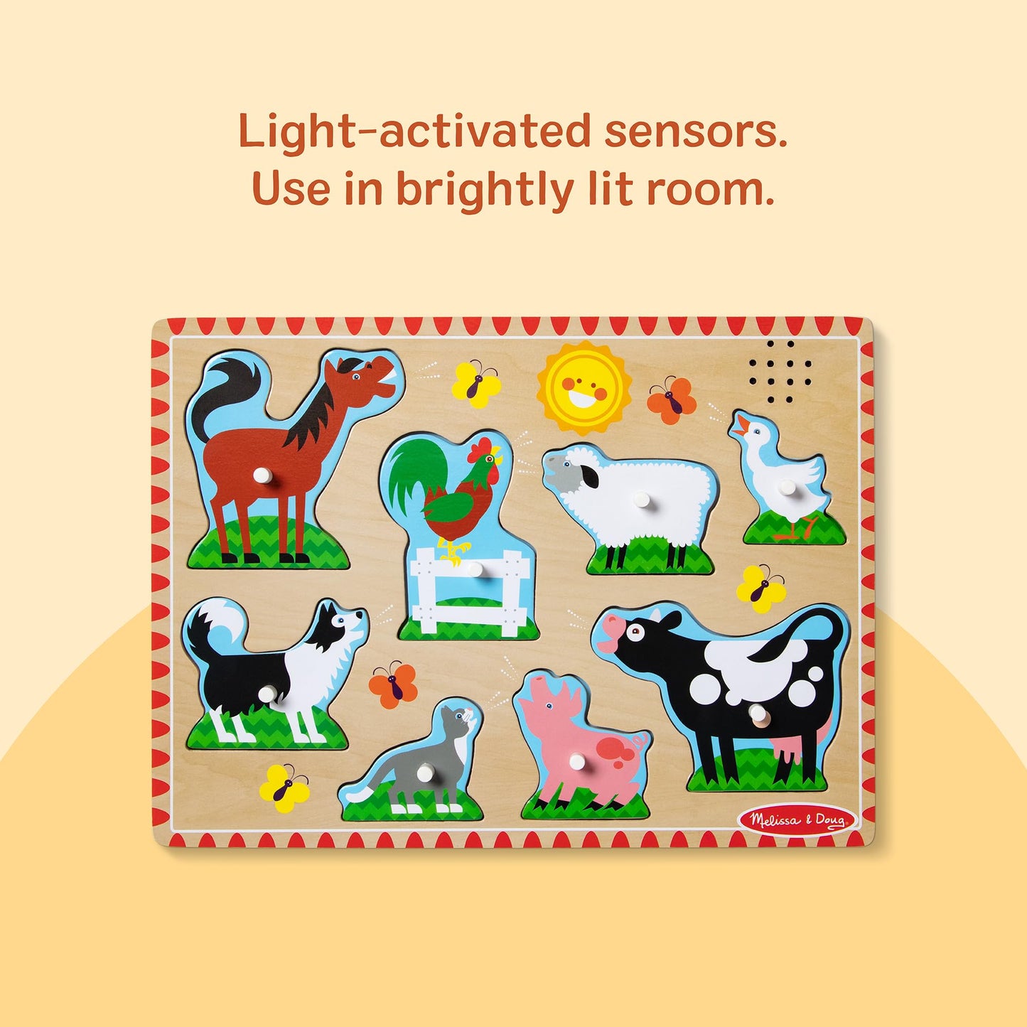 Melissa & Doug Farm Animals Sound Puzzle – 8-Piece Wooden Peg Puzzle with Light-Activated Sounds