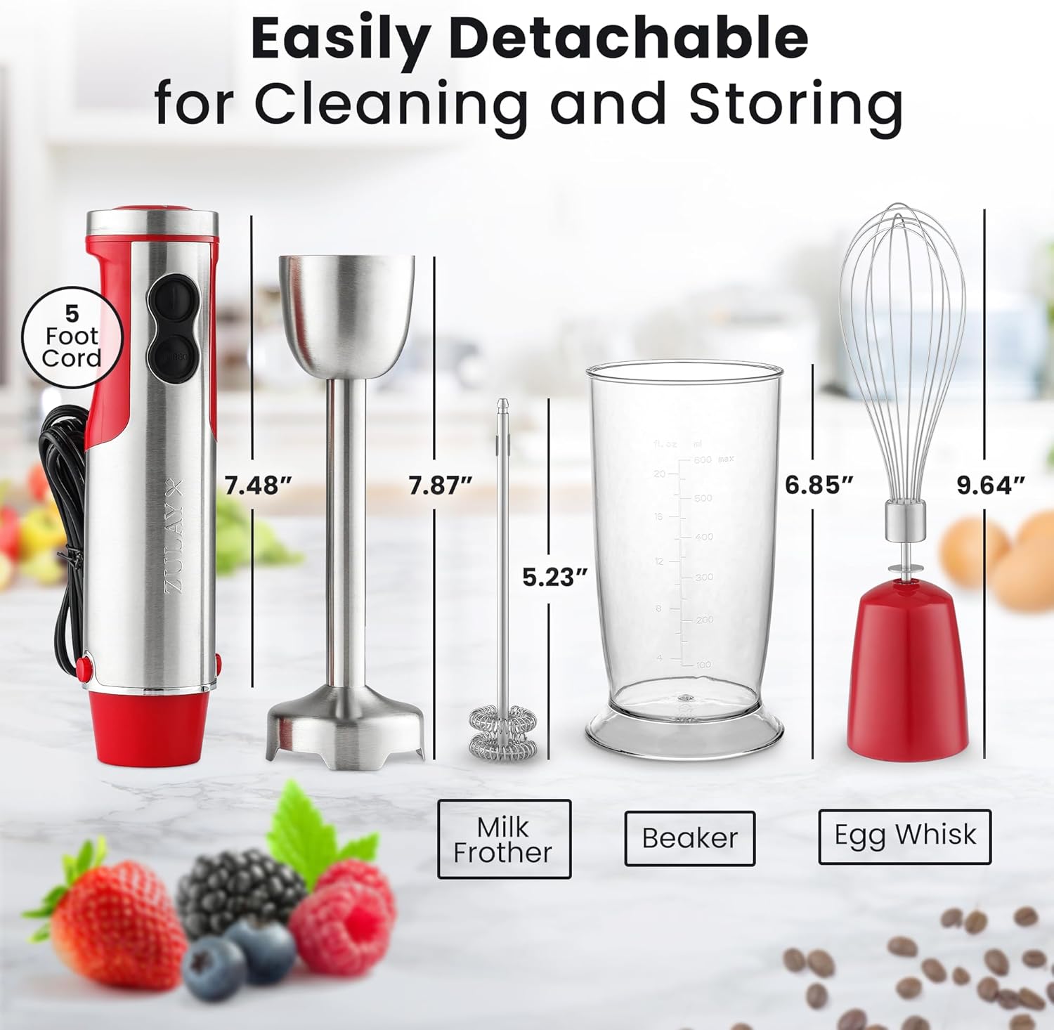 Zulay 4-in-1 Immersion Stick Mixer Hand Blender - 800 Watts, 12 Speeds, 5-ft Power Electric Cord