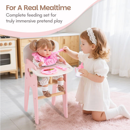 Giant bean Wooden Baby Doll High Chair with Feeding Set for 18 Inch Dolls
