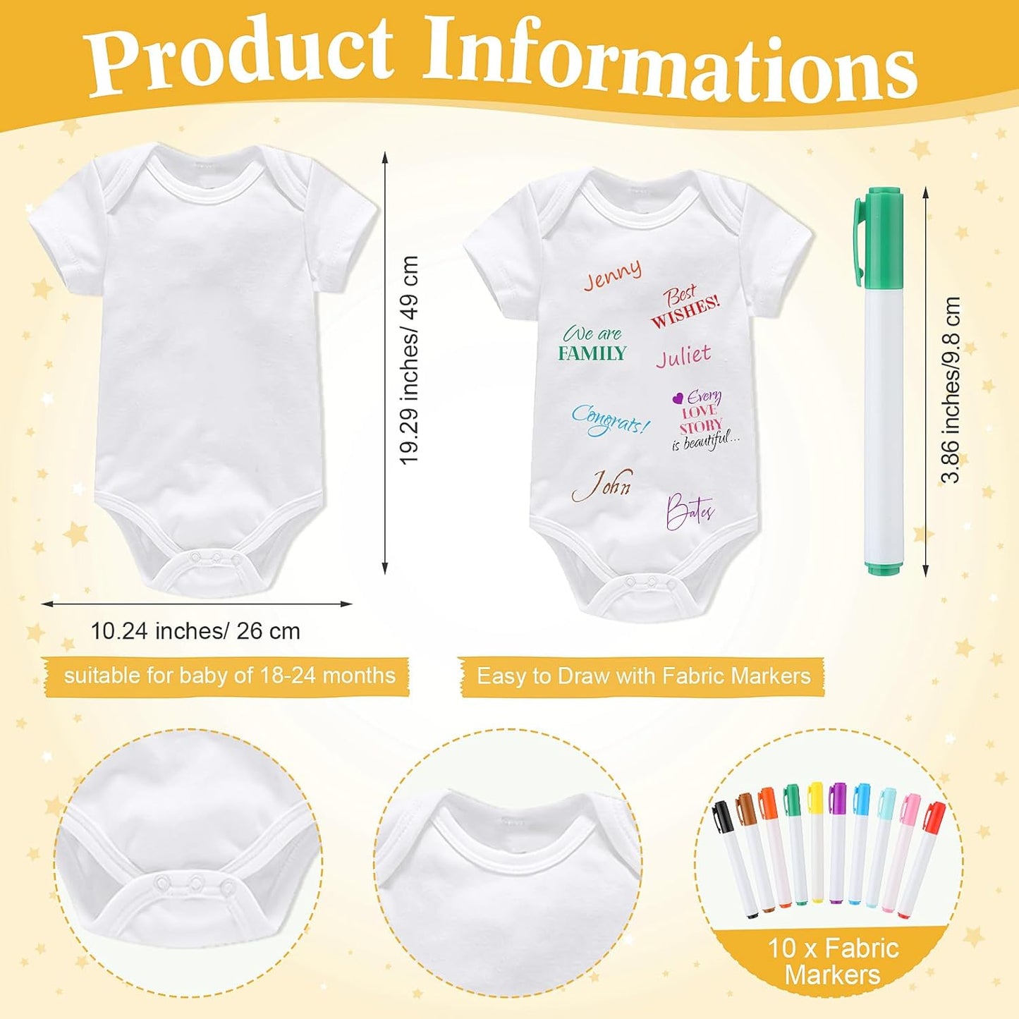 Qunclay 12 Pcs Baby Bodysuit Baby Shower Game Include 1 Game Wooden Sign Tabletop Decor 1 White Blank Newborn Bodysuit 10 Fabric Marker for Gender Reveal Party(Bee)