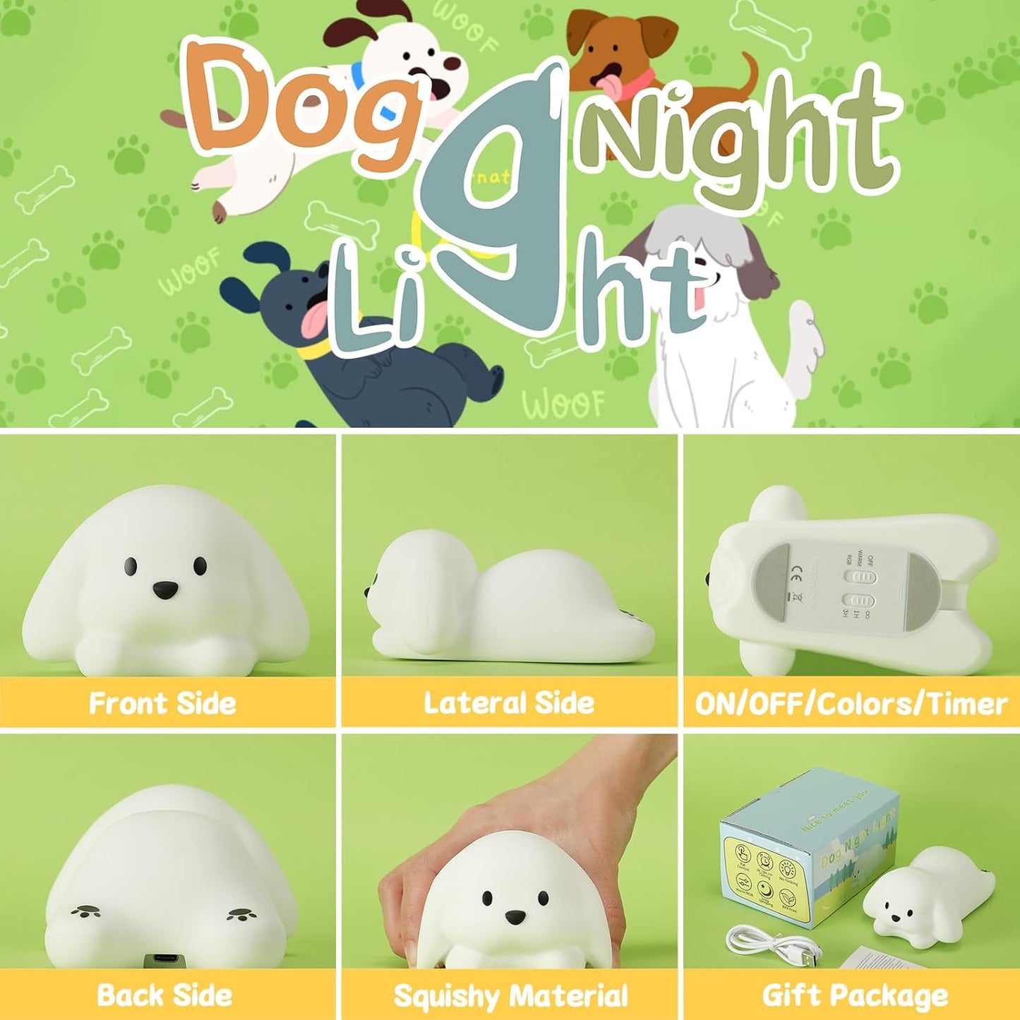 Tremdwoto Dog Night Light for Kids,Cute Colorful Night Light Baby Girl Squishy Night Light Lamp 1/3 Hour Timer Puppy Light Dimmable Nursery Lamp Nightlight Gift for Boys and Girls Kawaii Bedroom Decor