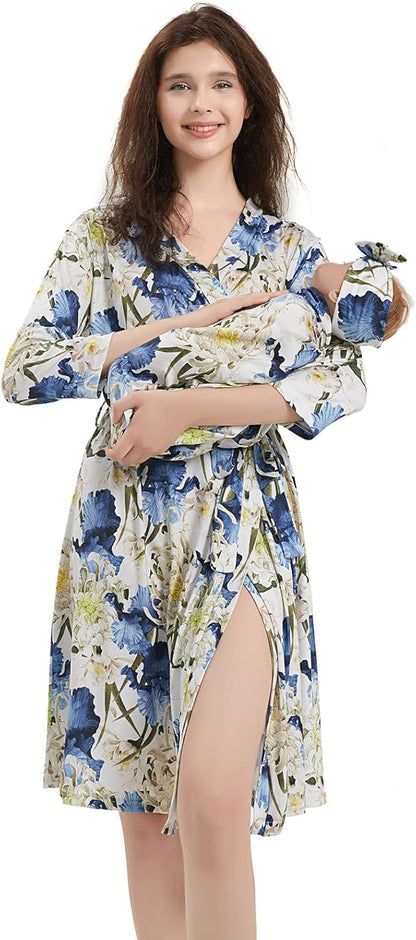 Galabloomer Maternity Robe and Baby Receiving Blanket, Matching Mommy Labor Delivery Robe and Swaddle Set (s, blue white)