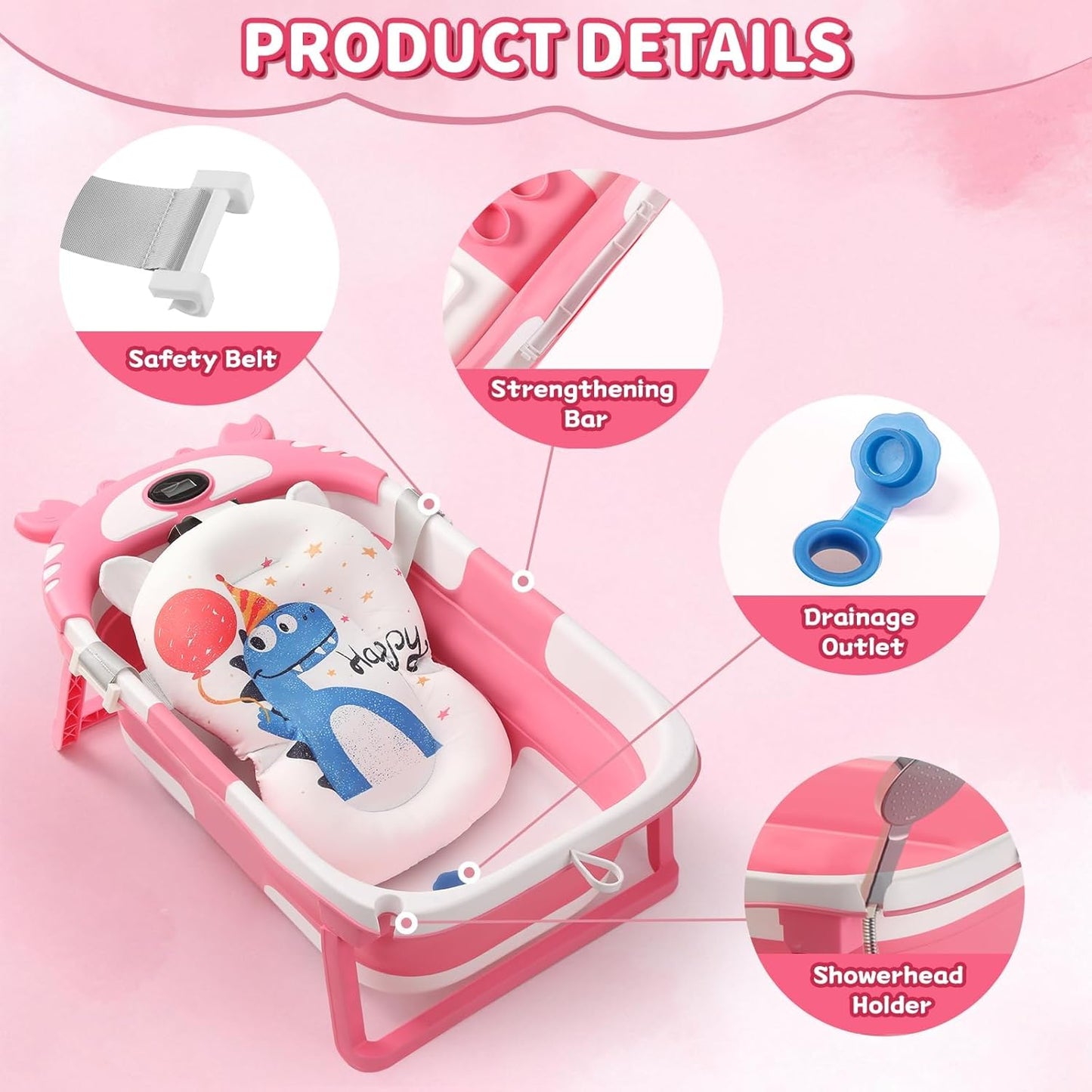 Baby Bathtub,Collapsible Baby Bath Tub with Thermometer & Soft Floating Cushion,Portable Travel