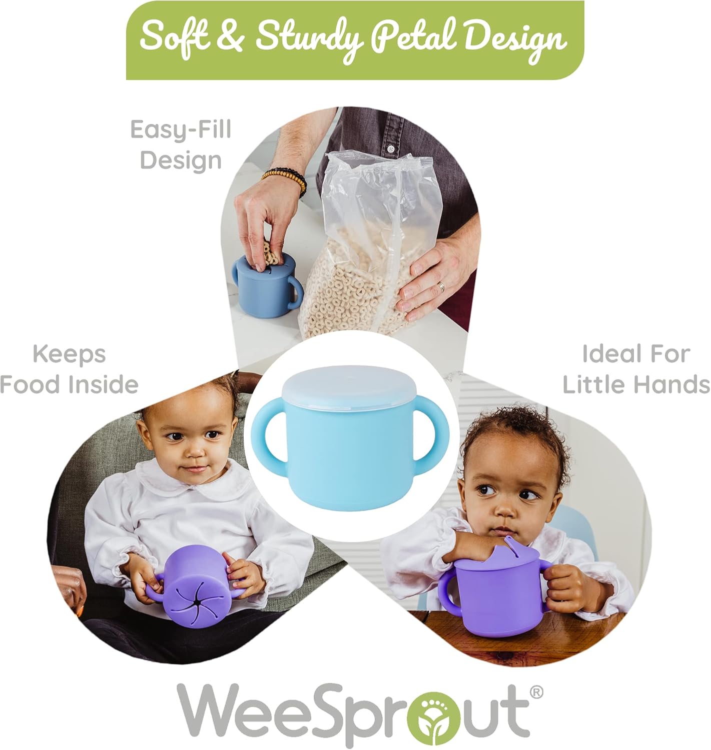 WeeSprout Snack Containers, Food Grade Silicone Cups, Spill-Proof Tops For Toddlers and Babies