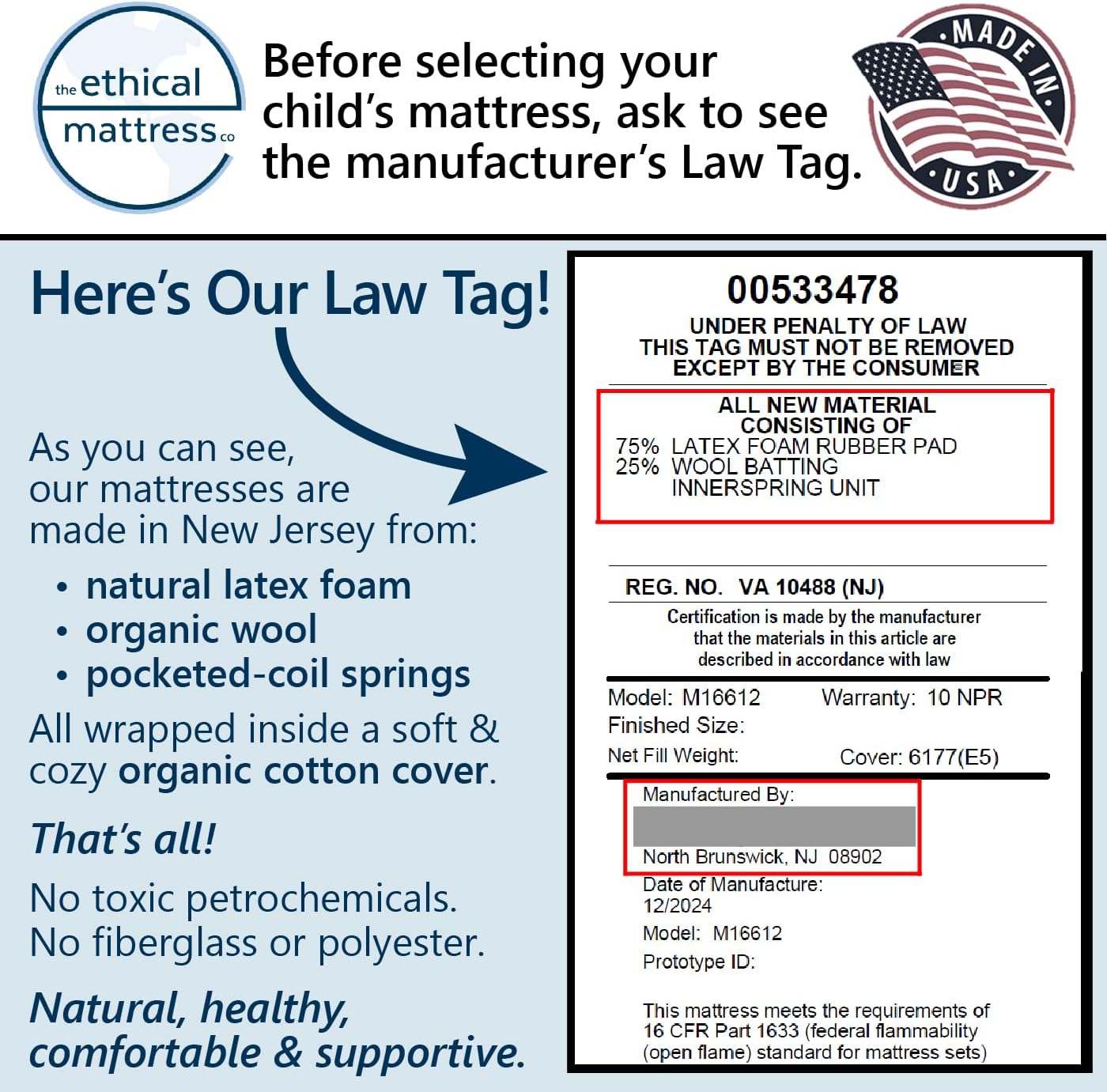 ETHICAL MATTRESS CO 6" Kid’s Mattress, Toxin-Free, Made in the USA with Organic Cotton, Wool, Latex & Pocketed Coils (Mattress-in-a-Box); perfect for bunk beds, trundles & platform beds - Twin XL size