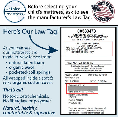 ETHICAL MATTRESS CO 6" Kid’s Mattress, Toxin-Free, Made in the USA with Organic Cotton, Wool, Latex & Pocketed Coils (Mattress-in-a-Box); perfect for bunk beds, trundles & platform beds - Twin XL size