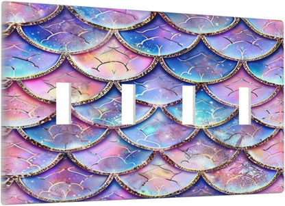 Decorative Switch Covers Plate Cute Pink Purple Mermaid Scales 4 Gang Artistic Wall Plate Unique Quad Toggle Light Switch Plate Jumbo Faceplate for Girlroom Bedroom Home Decor