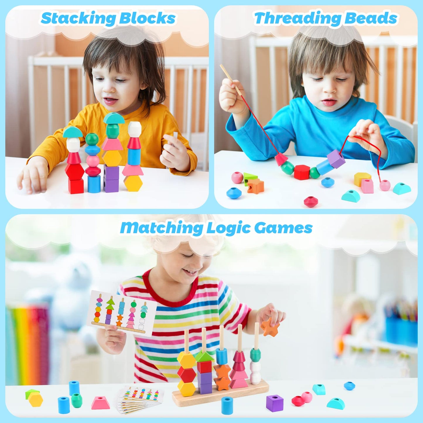 Montessori Wooden Beads Sequencing Toy Set, Stacking Blocks & Lacing Beads & Matching Shape