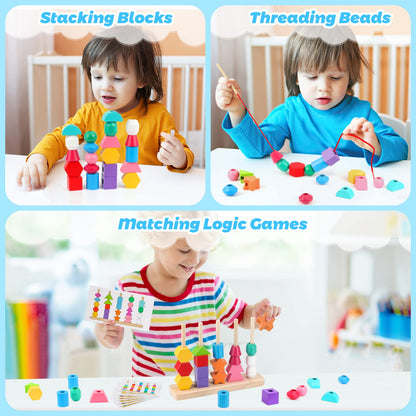 Montessori Wooden Beads Sequencing Toy Set, Stacking Blocks & Lacing Beads & Matching Shape