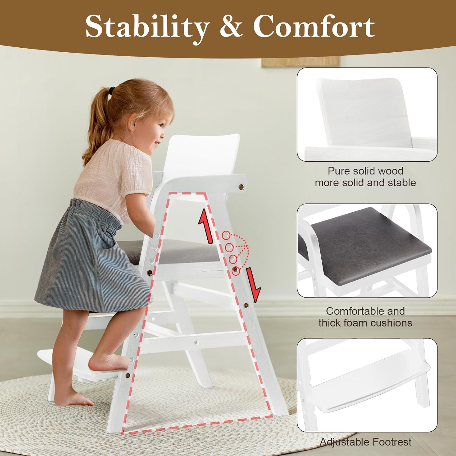 Solid Wood High Chair for Toddlers to Teens, Adjustable Height Toddler Dining Chair, Easy to Clean