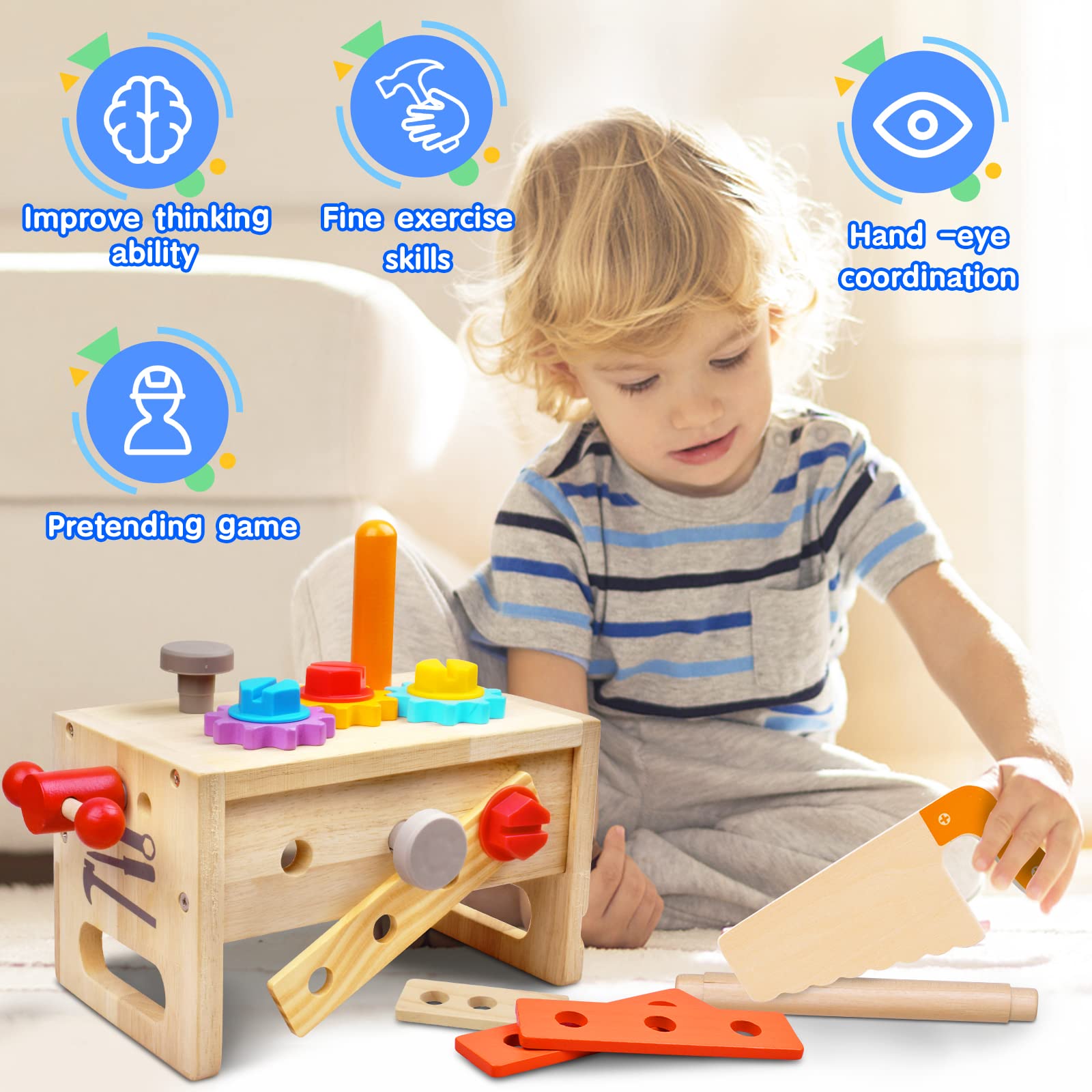 Mgtfbg Kids Tool Set - 29Pcs Wooden Toddler Tool Set with Tool Box