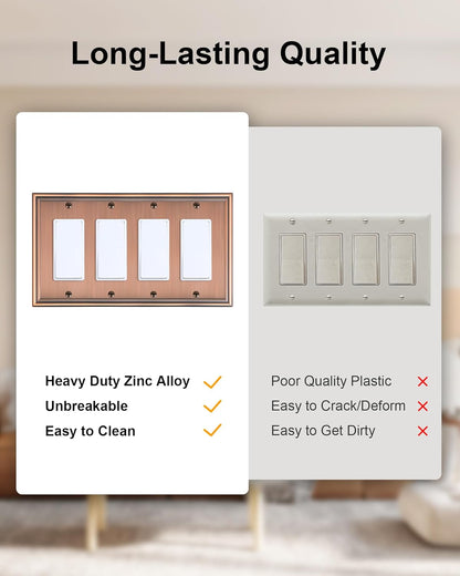 2-Pack Quad Decorator Outlet Cover Plate, Zinc Alloy Antique Copper Switch Plates and Outlet Covers, 4 Gang Wall Plates for Electrical Outlets, Receptacle, GFCI Outlet, Dimmer Switch