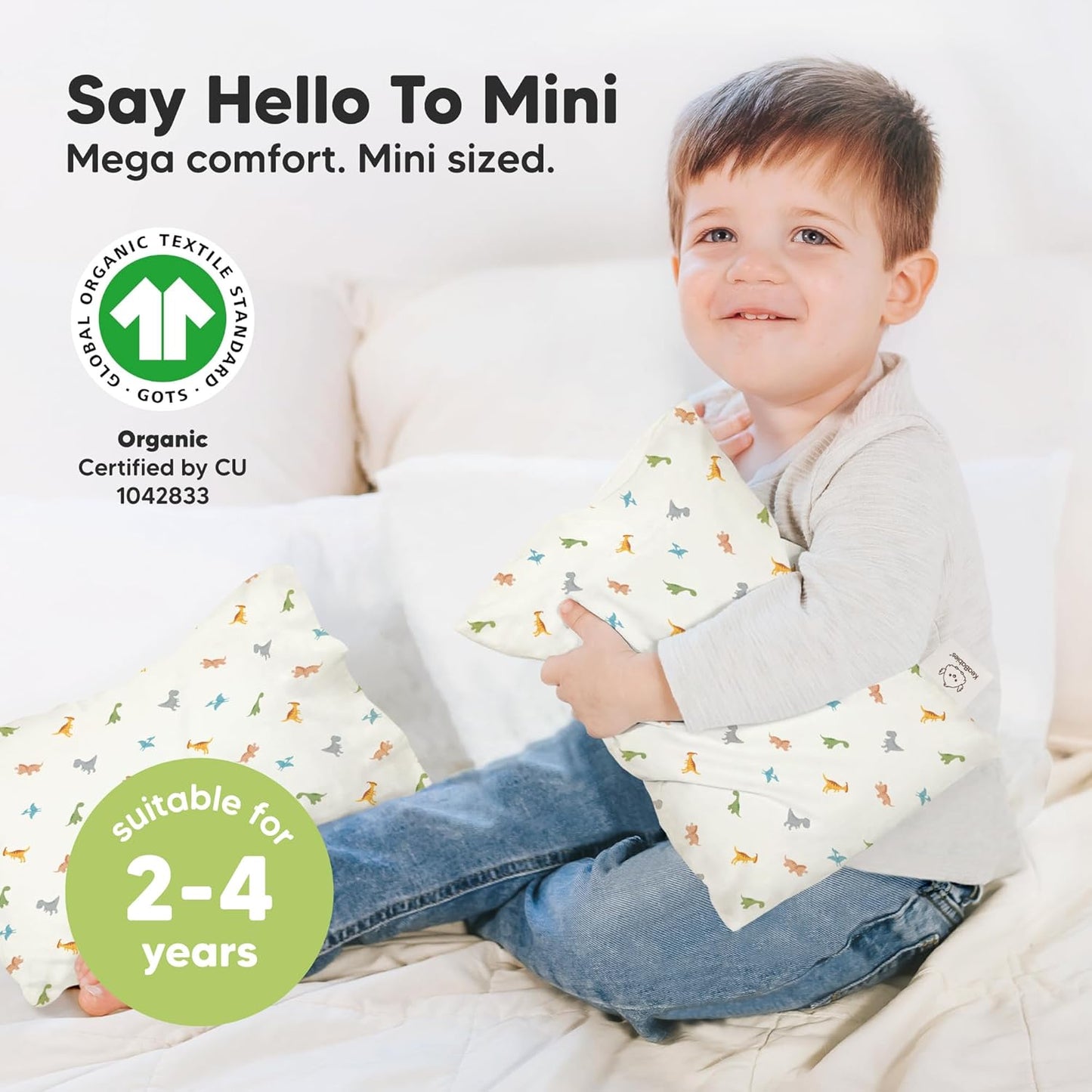 Mini Toddler Pillow with Pillowcase - 9x13 My Little Dreamy Travel Kids Pillow for Sleeping, Toddler Bed, Small, Tiny, Organic Cotton Pillowcase, Soft & Breathable, Kids 2-4 Years Old (Roarsome)