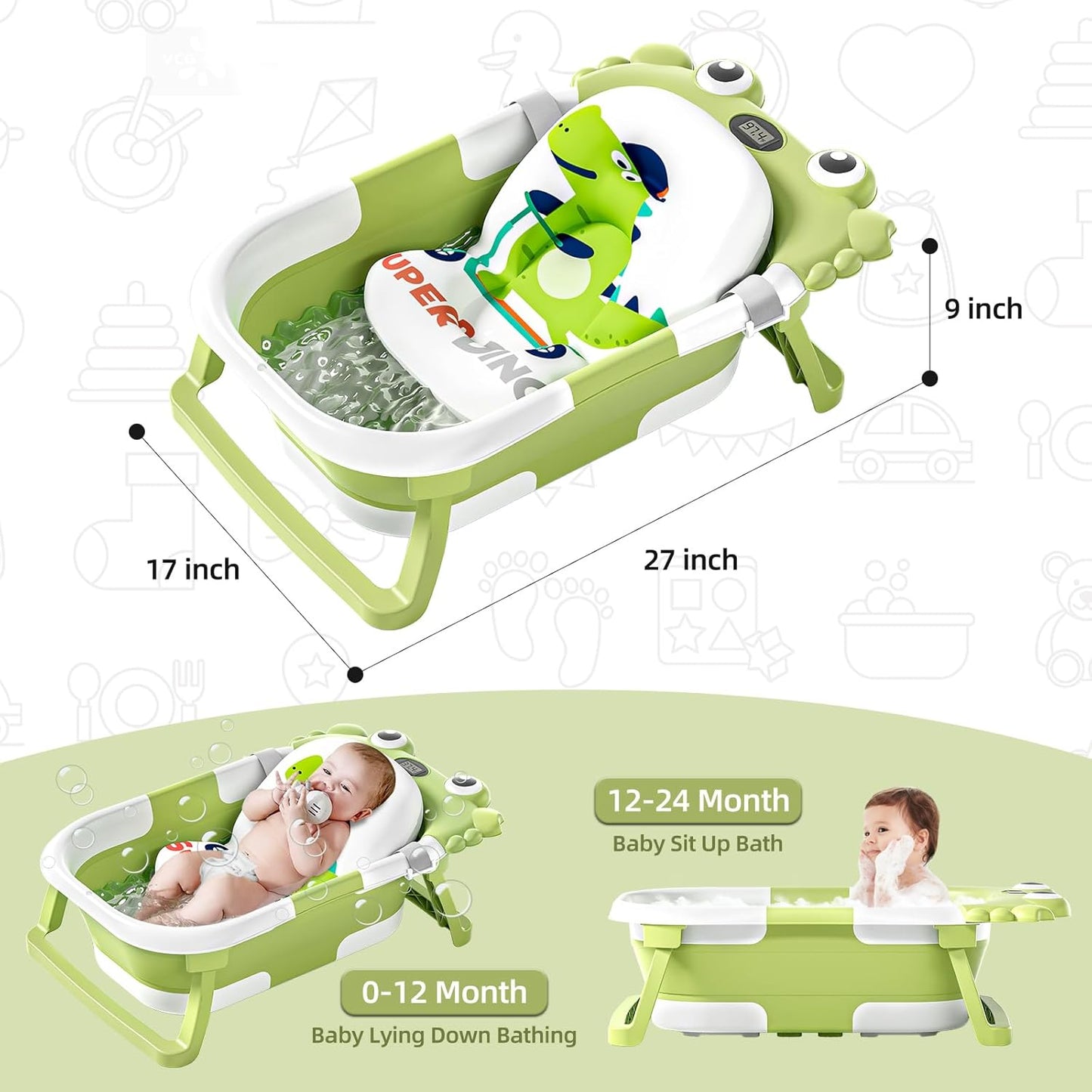 Collapsible Baby Bathtub for Newborns to Toddler with Real-time Temp Monitor & Floating