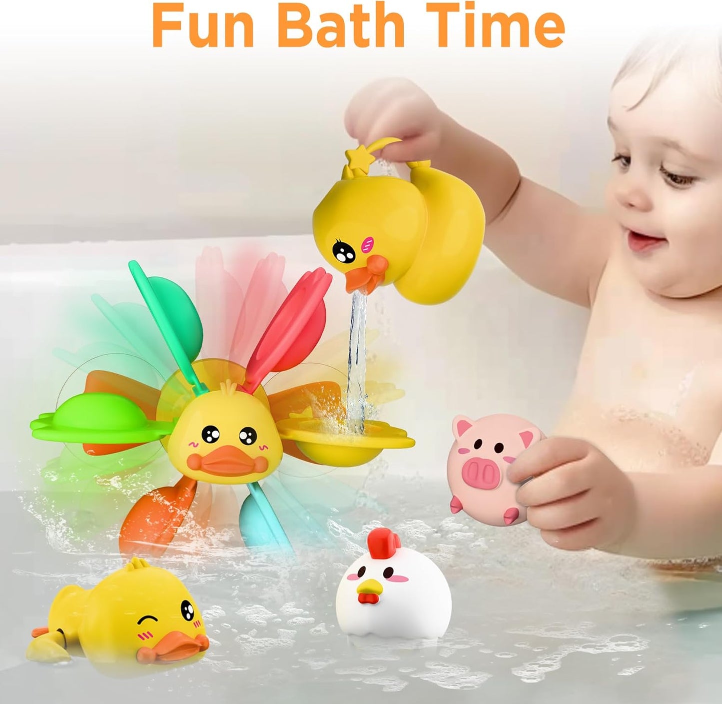 iPlay, iLearn Baby Duck Bath Toy, Toddler Bathtub Suction Water Spinner Gear, Kid Shower Fishing