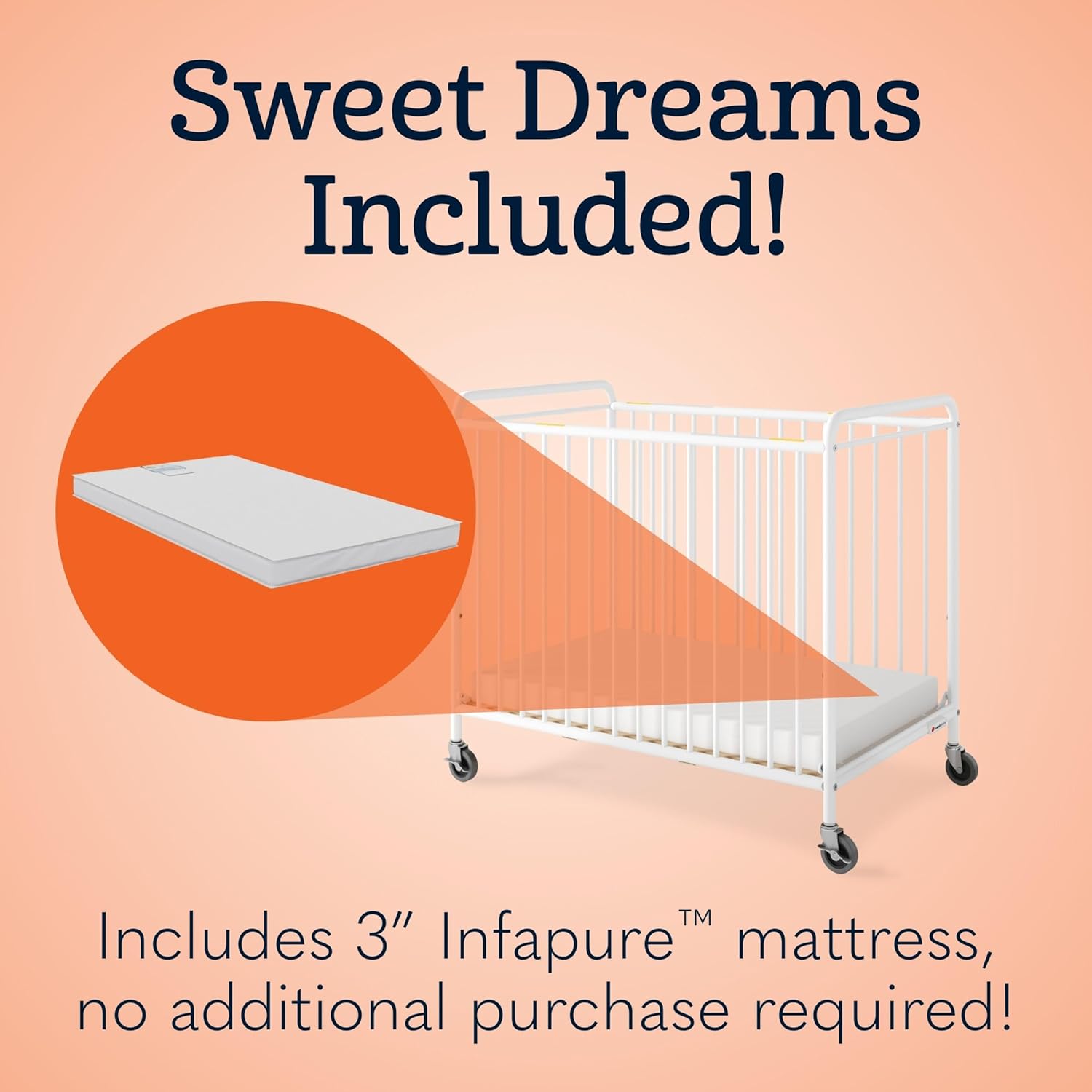 Foundations Chelsea Slatted Metal Compact Daycare Crib, 3" Casters, Compact Mini Size, Easy to