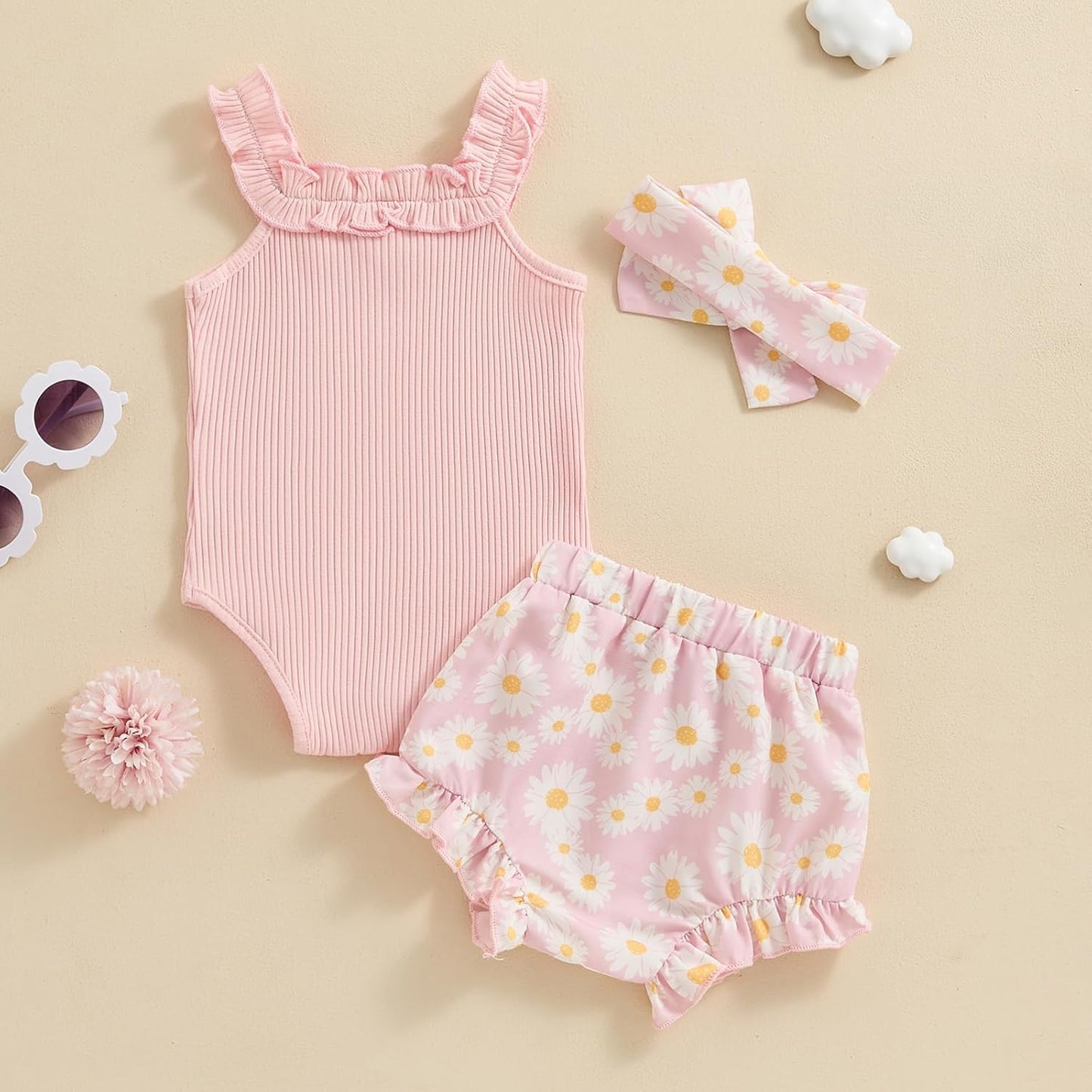 fhutpw Baby Girl Clothes Summer Cute Outfits 3 6 12 18 Months Spaghetti Strap Romper & Floarl Shorts Sets