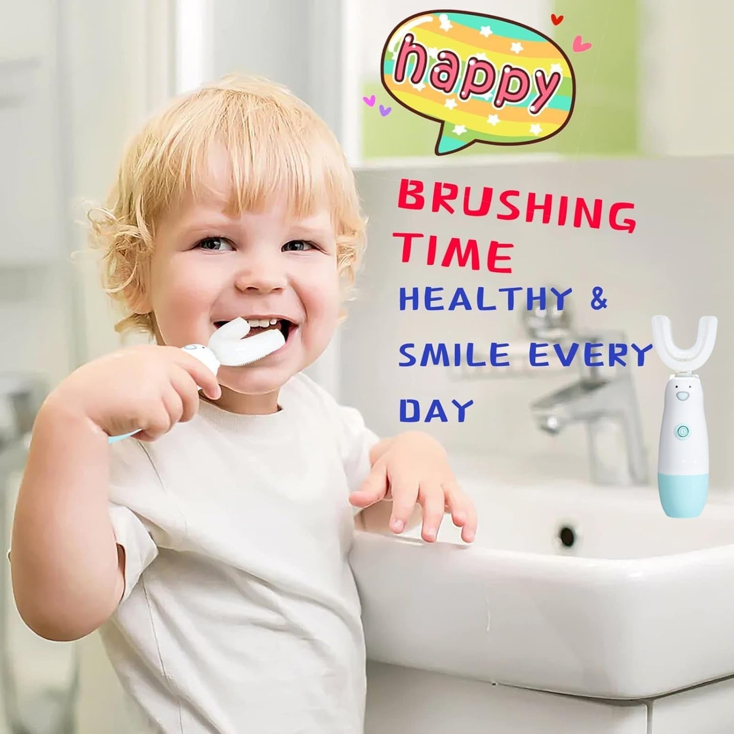 Kids Electric Toothbrush，Toddler Toothbrush Waterproof Battery Powered 360 Automatic Sonic u Shaped