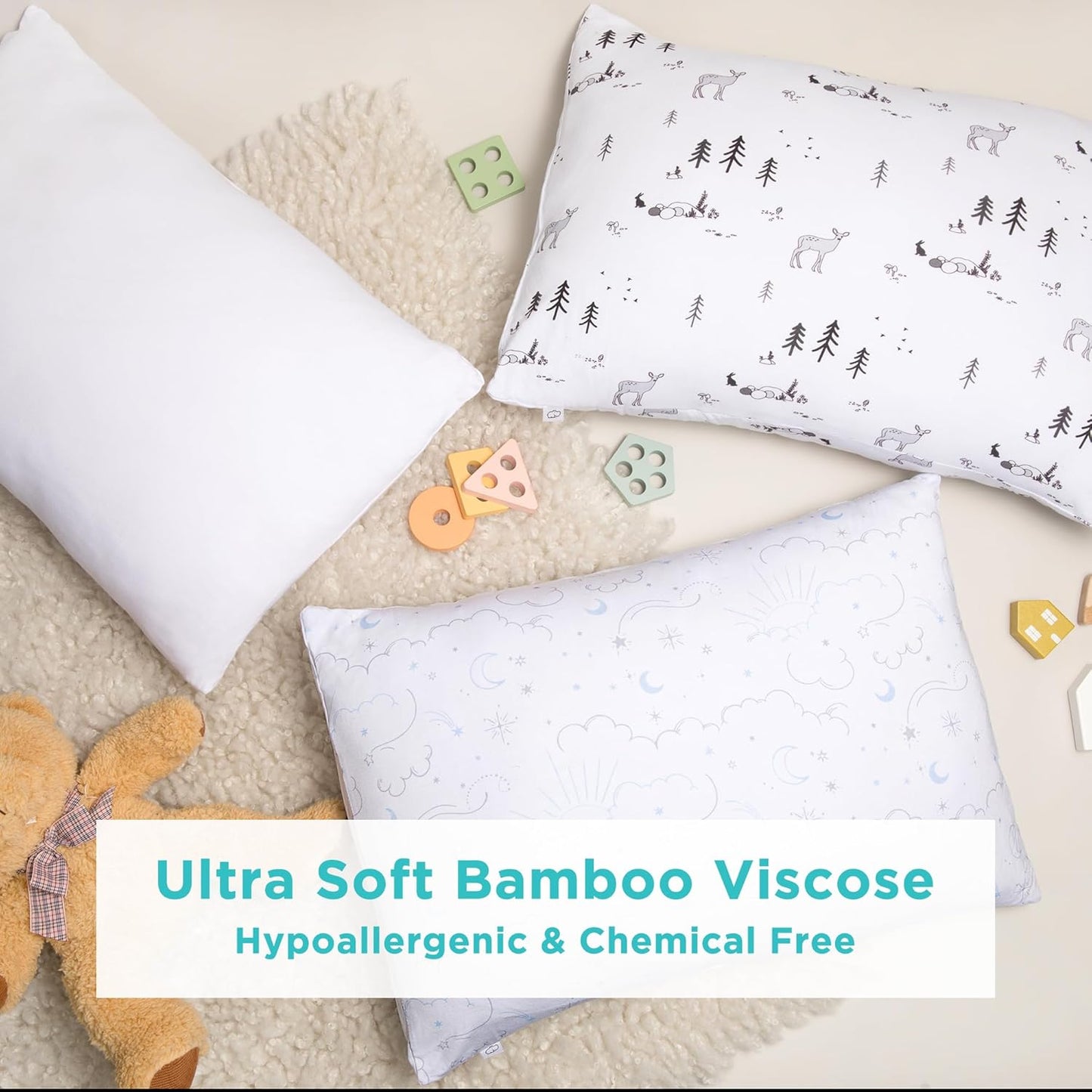 LittleHippo Toddler Pillow (13x18) with Viscose Derived from Bamboo Pillowcase - Hypoallergenic Toddler Pillow for Sleeping, Kids Pillow, Travel Pillows, Mini Pillow, Toddler Bed Pillow (Woodland)