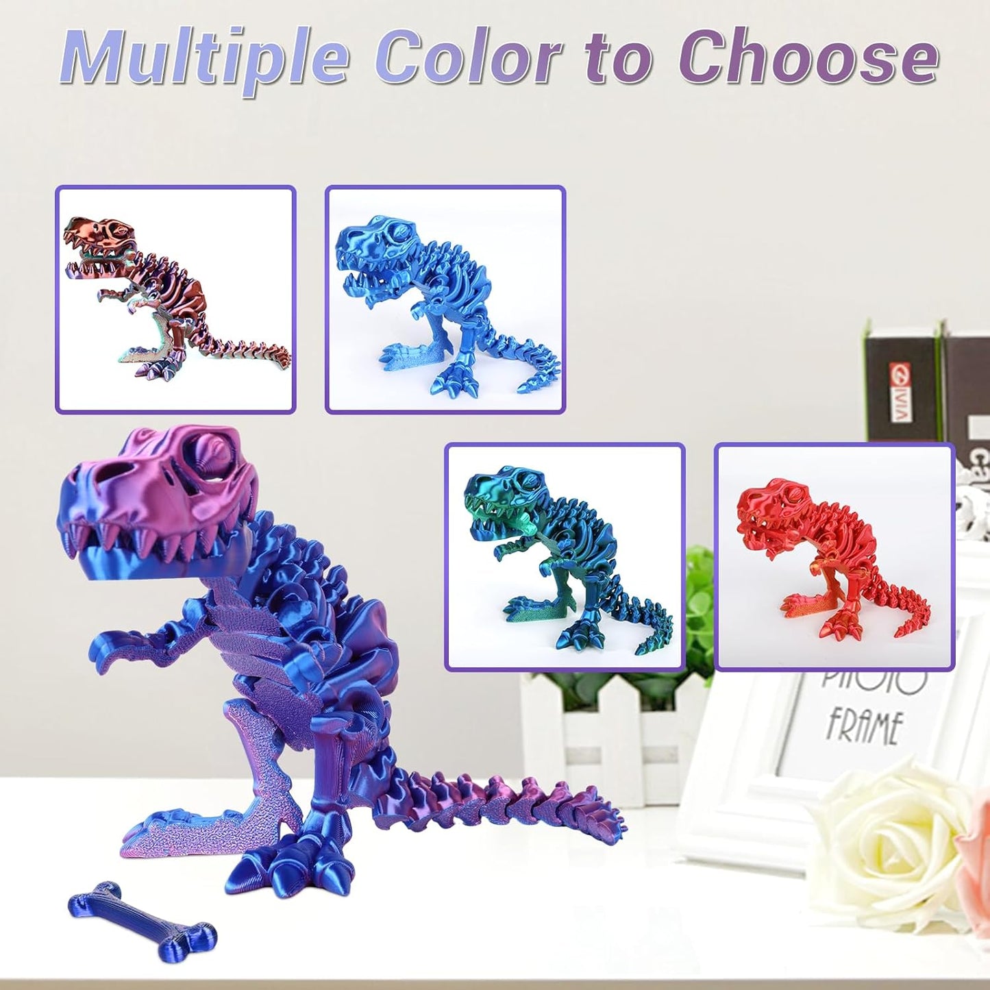 3D Printed Dinosaur Bone Skeleton Tyrannosaurus Rex with Movable Jaw Fidget Dinosaur Toys Full Articulated Dinosaur Executive Desk Toys Home Office Decor, Blue
