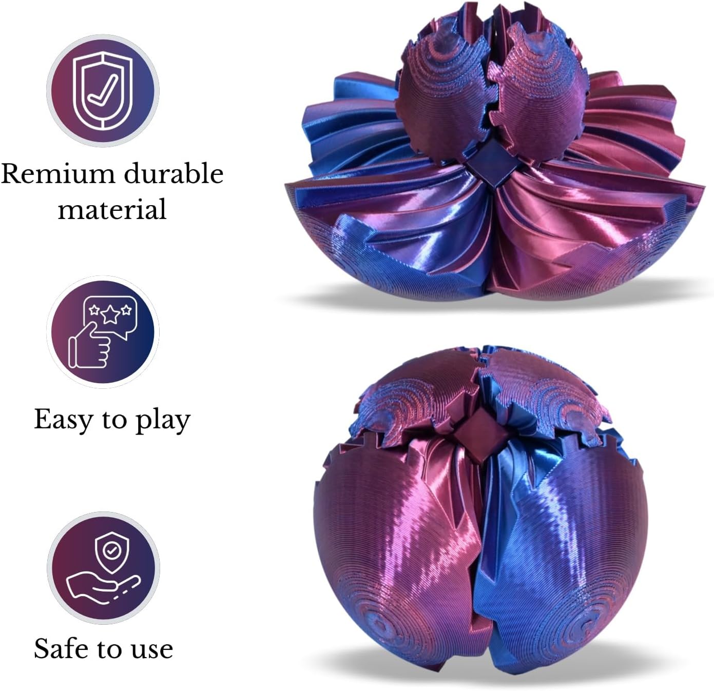 3D Printed Gear Ball, Gear Sphere Fidget Toy Stress Relif Toy for ADHD, Anxiety Relaxing Toy for Adults at Work/Study/Travel, Twisted Blue-Purple