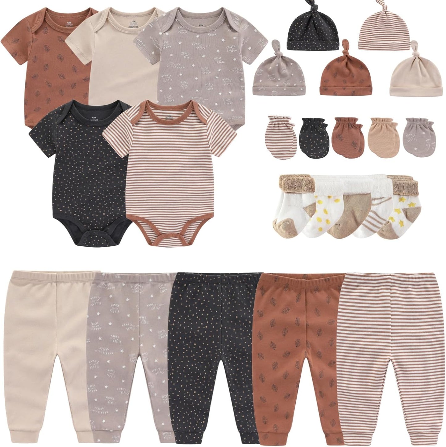 Newborn Layette Gift Set Bodysuits Pants for Baby Girl and Boy 24 Piece 100% Cotton Essentials and Accessories