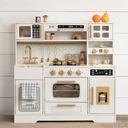 Wooden Play Kitchen for Kids with Real Lights and Sounds for Pretend Play