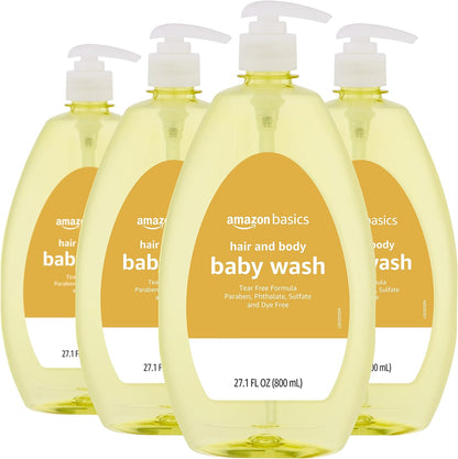 Amazon Basics Tear-Free Baby Hair and Body Wash, 27.1 Fluid Ounce, Lightly Scented, 4-Pack