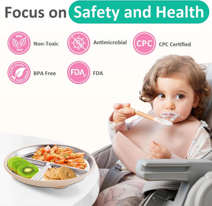 Stainless Steel Baby Plate with Suction, 9” Divided Toddler Plates with Removable Silicone Sleeves for Kids, Non-Toxic Non-Slip Unbreakable Dishwasher Safe Dinnerware Set of 2, Pink & Beige