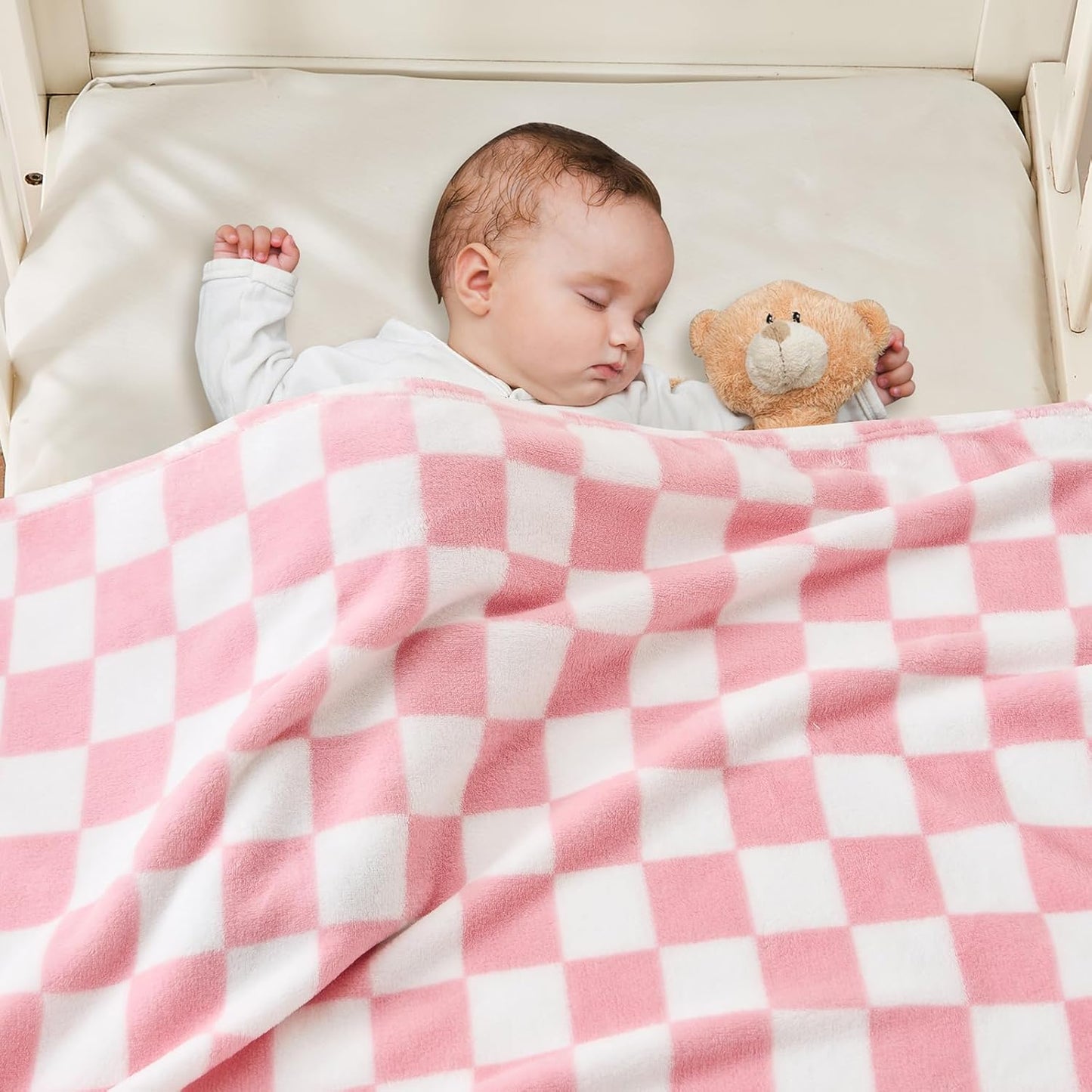 Yurhap Checkered Baby Blanket for Girls Pink Fleece Baby Blankets for Girls Boys, Warmer Comfort