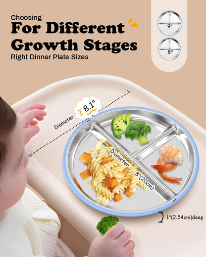 8" Stainless Steel Toddler Plates with Suction, Divided Plates with Removable Silicone Sleeves for Baby, Non Toxic & BPA Free |Unbreakable |Dishwasher Safe Dinnerware Set of 2, Blue & Gray