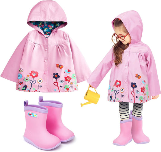 2 Pcs Toddler Raincoat Rain Boots Set Kids Baby Cartoon Hoodie Zipper Jacket Short Rain Shoes for Little Boys Girls