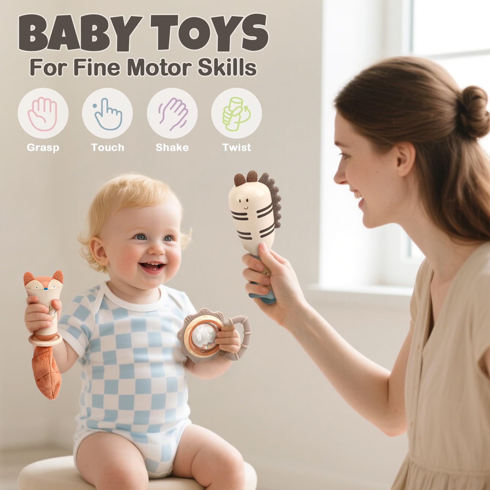 Baby Rattles & Teethers Set – Baby Toys 0-6 Months, Teething Toys 3-6 Months, Sensory Toys with