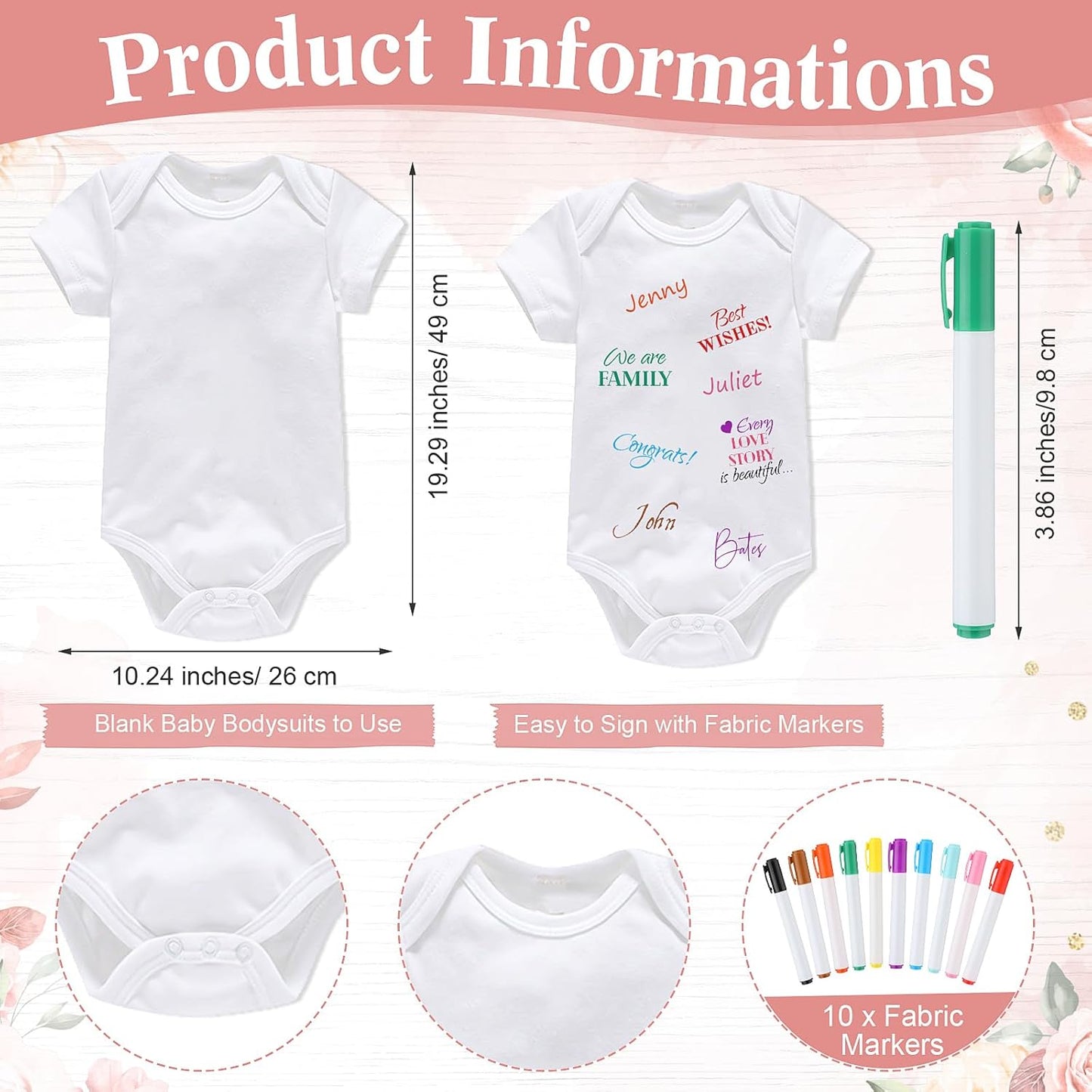 Qunclay 12 Pcs Baby Bodysuit Baby Shower Game Include 1 Game Wooden Sign Tabletop Decor 1 White Blank Newborn Bodysuit 10 Fabric Marker for Gender Reveal Party(Floral)