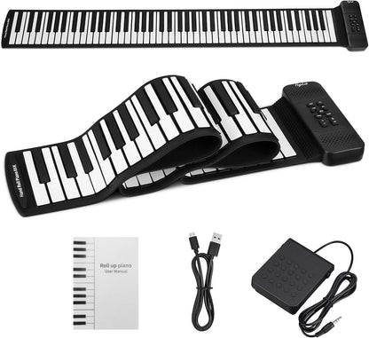 88 Keys Roll Up Keyboard Piano, Portable Electric Foldable Piano with Sustain Pedal, 14 Songs, 128 Tones, 128 Rhythms, Rechargeable & Dual BT Function, Music Gift for Beginners