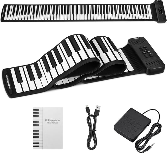 88 Keys Roll Up Keyboard Piano, Portable Electric Foldable Piano with Sustain Pedal, 14 Songs, 128 Tones, 128 Rhythms, Rechargeable & Dual BT Function, Music Gift for Beginners