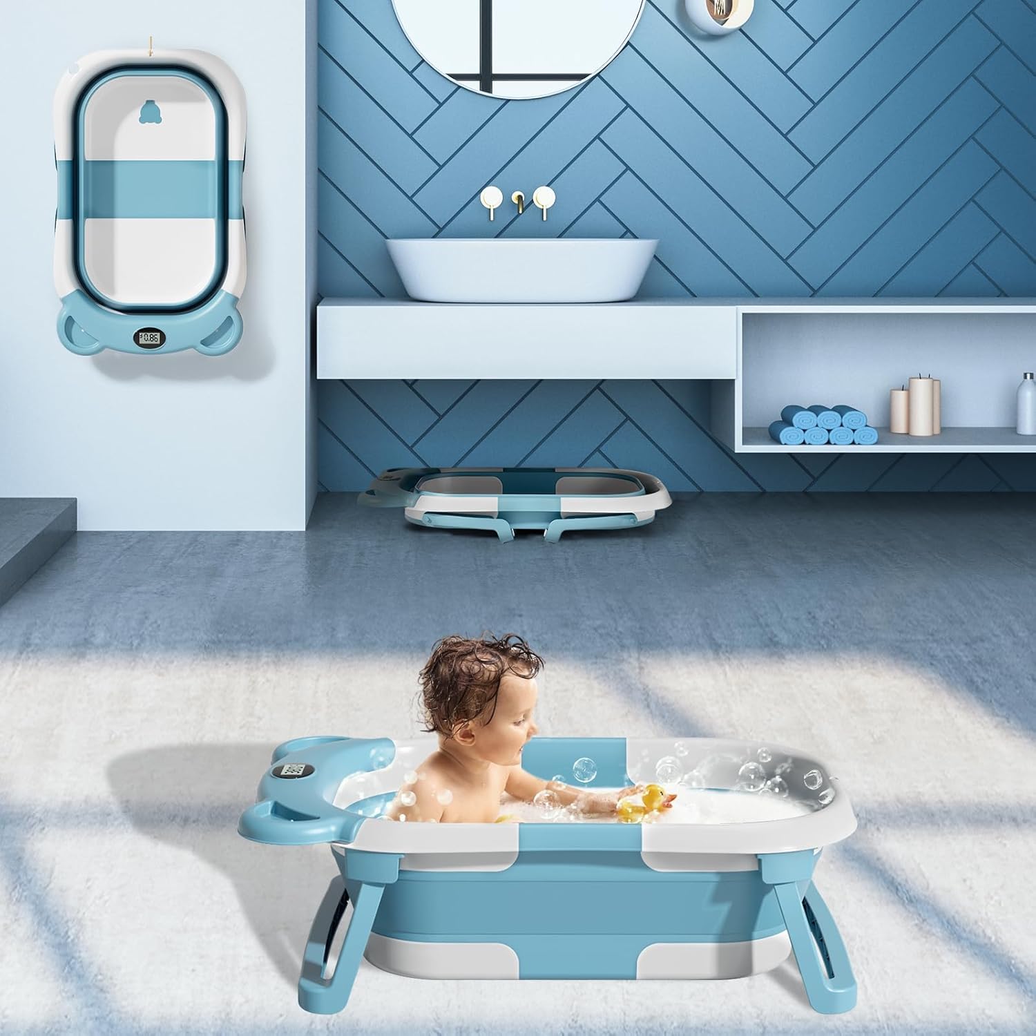 TPN Collapsible Baby Bathtub for Infants to Toddler with Real-time Temp Monitor+Floating