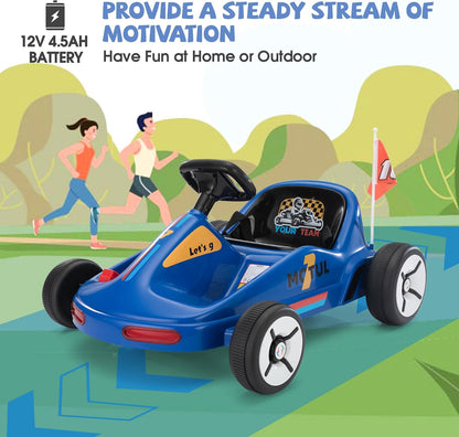TOBBI 12V Electric Go Kart for Kids Battery Powered Ride on Car Outdoor Race Toy with Remote Control, Safety Belt, Music, LED Lights and Flags for Toddlers 3-8 Years, Blue
