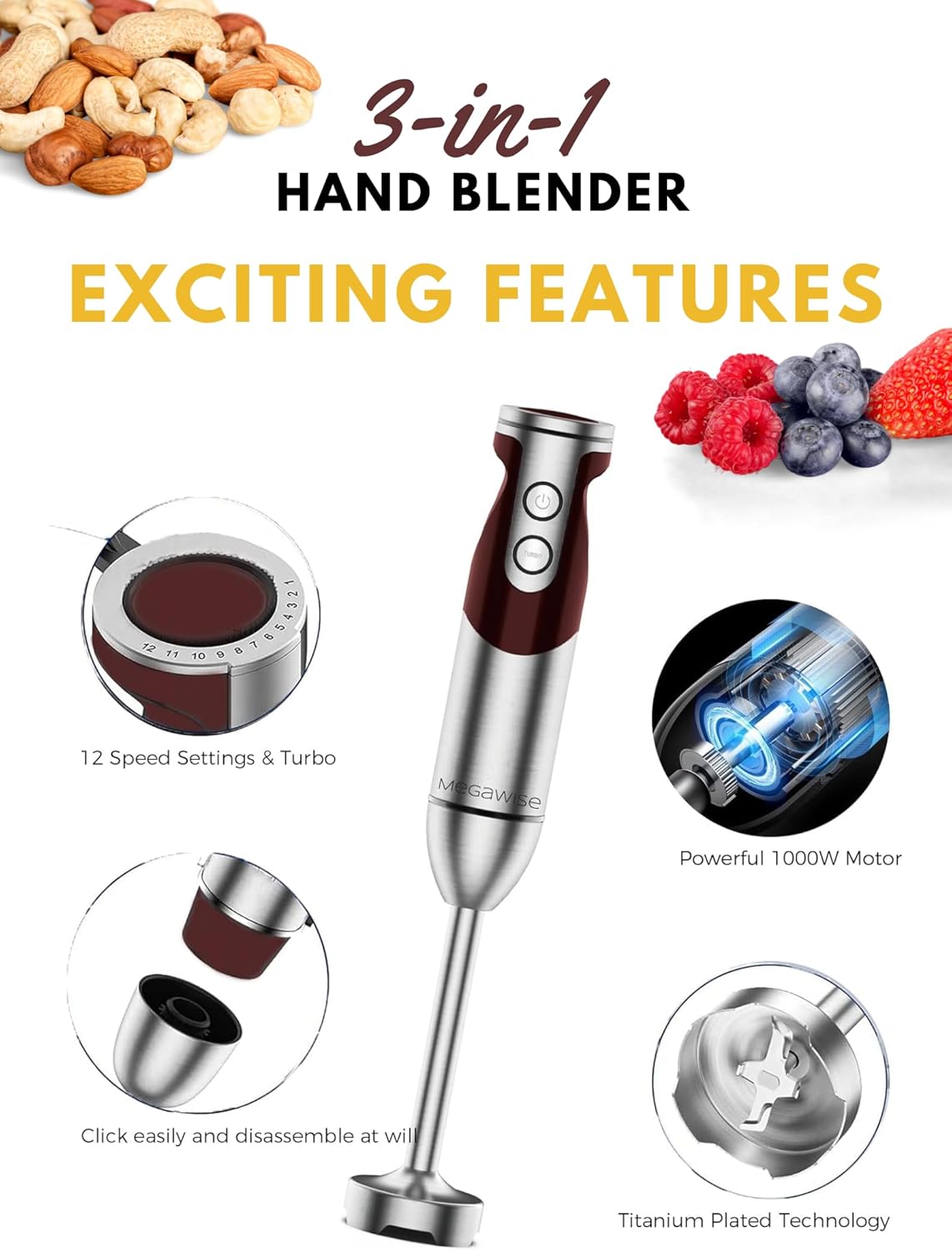 Megawise 3-in-1 Hand Blender – 12-Speed, Includes Powerful Blender Stick, Whisk, and Milk Frother
