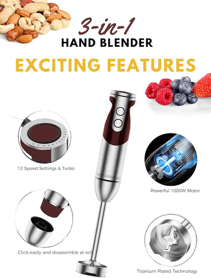 Megawise 3-in-1 Hand Blender – 12-Speed, Includes Powerful Blender Stick, Whisk, and Milk Frother