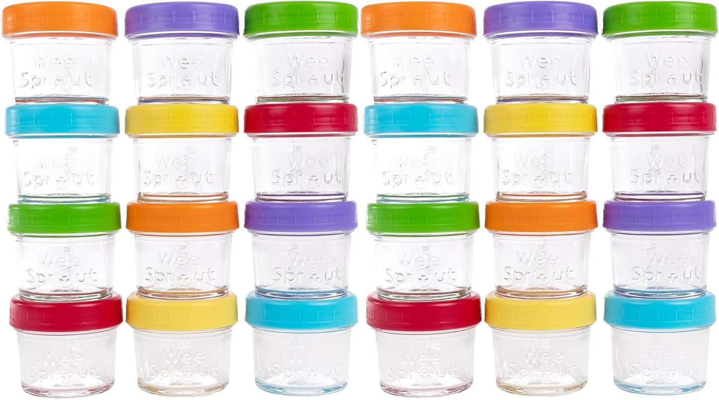 WeeSprout Baby Food Storage Glass Jars w/Lids (4 oz, 24 Pack) Bright Variety, Snack, Reusable Small