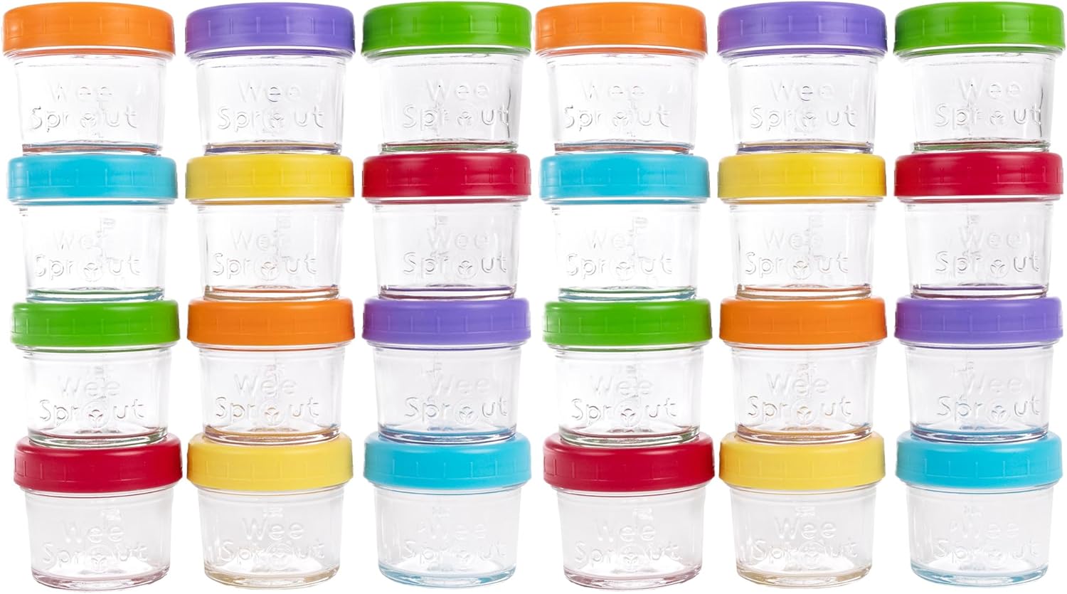 WeeSprout Baby Food Storage Glass Jars w/Lids (4 oz, 24 Pack) Bright Variety, Snack, Reusable Small