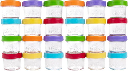 WeeSprout Baby Food Storage Glass Jars w/Lids (4 oz, 24 Pack) Bright Variety, Snack, Reusable Small